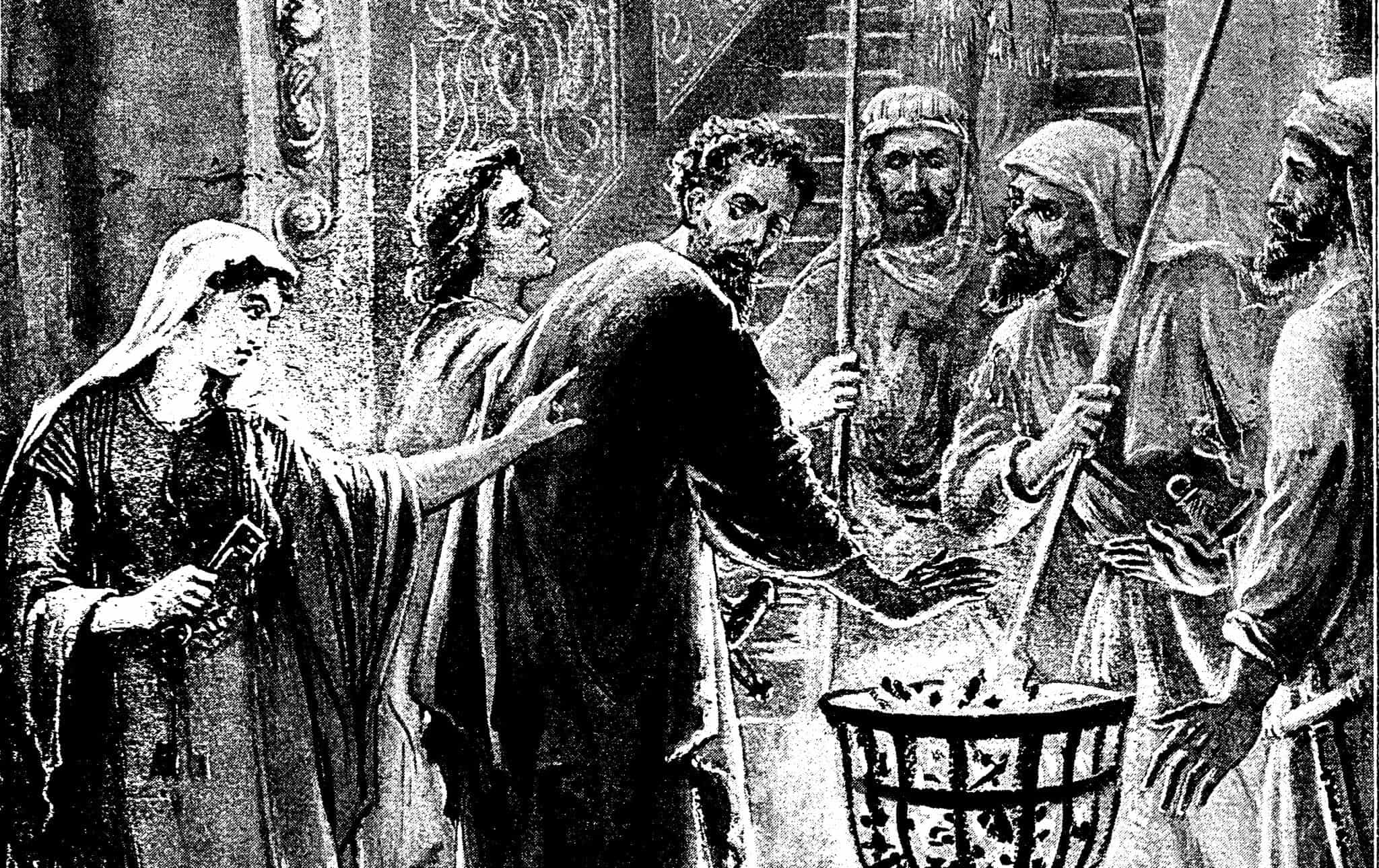 19th century religious illustration entitled' Peter's Denial of Christ.' Victorian Christianity and bible stories ; 1893